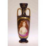 A VIENNA PORCELAIN VASE, LATE 19TH CENTURY, of two-handled shouldered form,