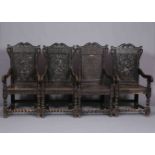 FOUR VICTORIAN CARVED OAK WAINSCOT CHAIRS IN 17TH CENTURY STYLE, each with turned stretchers.