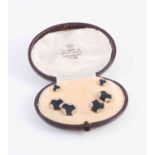 A BLACK ONYX AND DIAMOND ART DECO CUFFLINK AND COLLAR STUD SET,