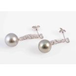 A PAIR OF BLACK CULTURED PEARL AND DIAMOND EARRINGS,