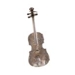A HANAU SILVER SNUFF BOX IN THE FORM OF A VIOLIN, embossed in low relief with pastoral scenes,