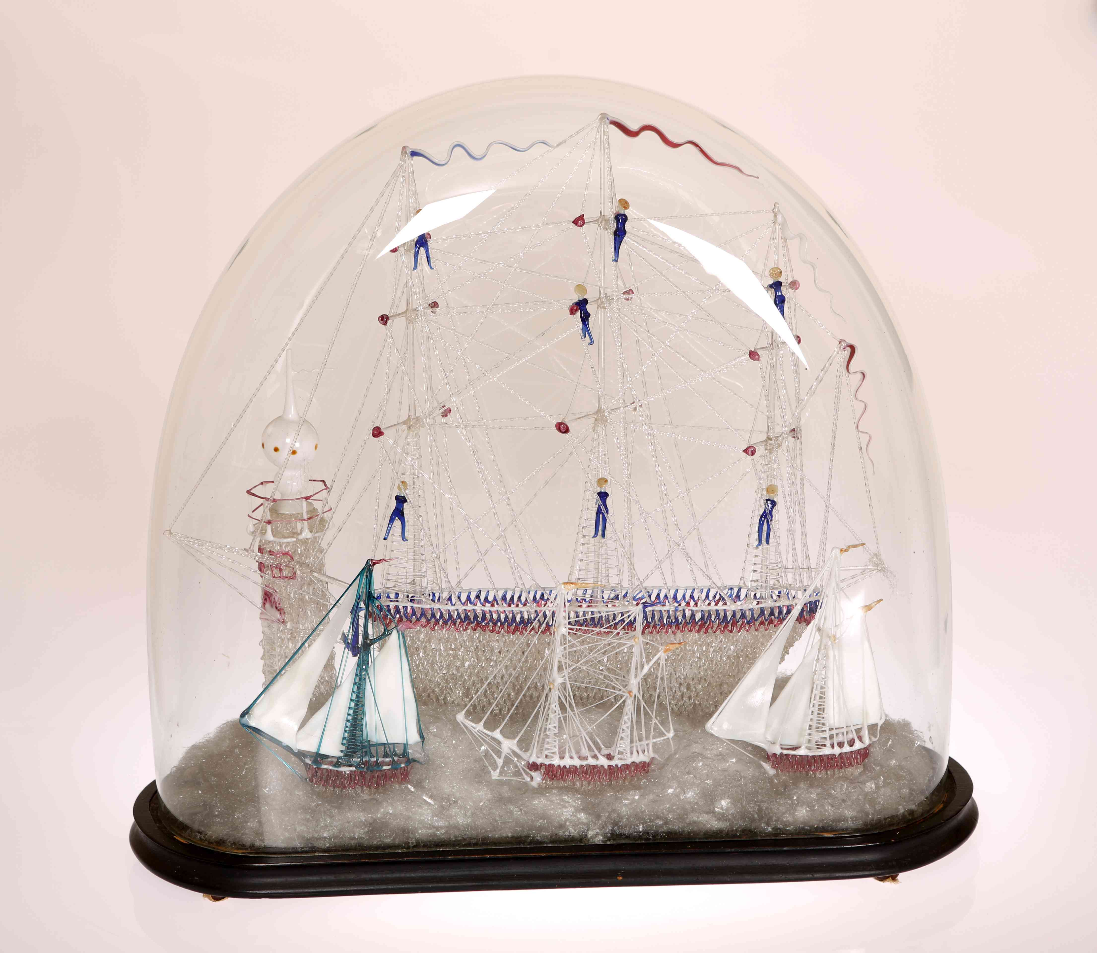 A VICTORIAN NAILSEA TYPE GLASS FRIGGER OF A THREE-MASTED GALLEON,