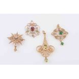 A COLLECTION OF FOUR PENDANTS, circa 1900, to include three scrolled design mounts,