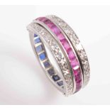 AN ART DECO SAPPHIRE, RUBY AND DIAMOND RING,
