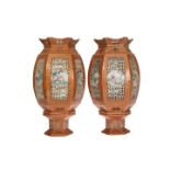 A PAIR OF CHINESE LANTERN VASES AND STANDS, 19TH CENTURY, reticulated with hexagonal section bodies,