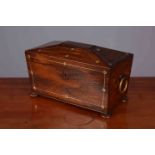 AN EARLY 19TH CENTURY MOTHER-OF-PEARL INLAID ROSEWOOD TEA CADDY,