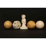 A COLLECTION OF 19TH AND EARLY 20TH CENTURY IVORY OBJECTS, comprising three billiard balls,