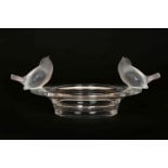 A LALIQUE BOWL, circular with two sparrows perching upon the broad rim, etched Lalique France.