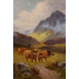 CHARLES W. OSWALD (19TH CENTURY), HIGHLAND CATTLE, signed lower left, oil on canvas board, framed.