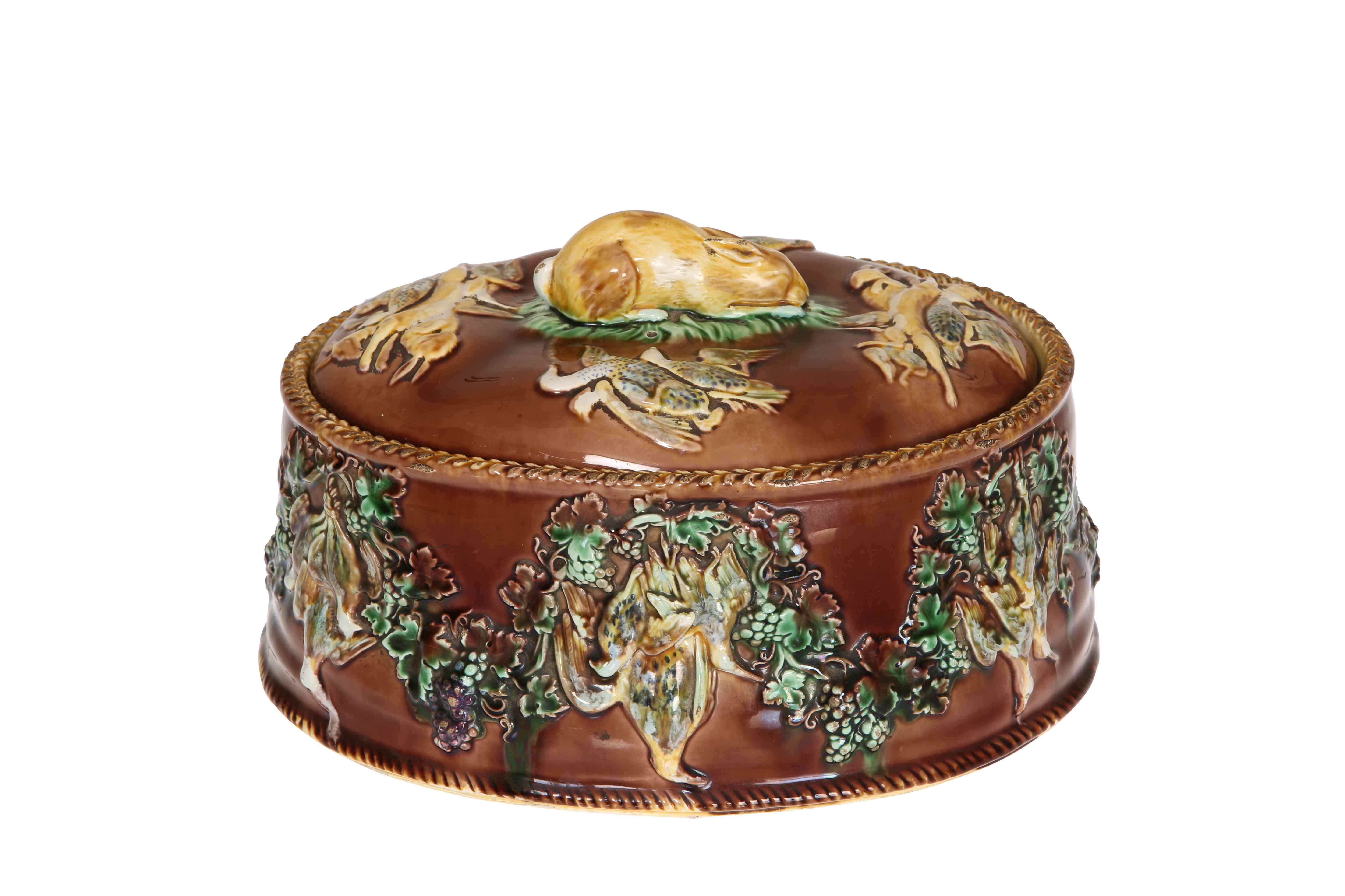 A WEDGWOOD MAJOLICA GAME PIE DISH, LATE 19TH CENTURY,