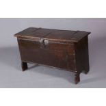 A 17TH CENTURY OAK BOARDED CHEST, with moulded and chip-carved edge,