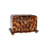 A 19TH CENTURY TORTOISESHELL TEA CADDY, with moulded breakfront and twin lidded compartments,