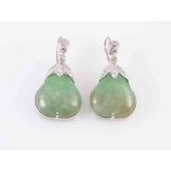 A PAIR OF JADE AND DIAMOND EARRINGS, the carved jade depicting a pear,