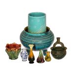A GROUP OF VICTORIAN ART POTTERY, including a large Linthorpe jardiniere (a/f), a Bretby vase,