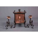 AN ARTS AND CRAFTS COPPER AND WROUGHT IRON FIRESIDE SET, C.