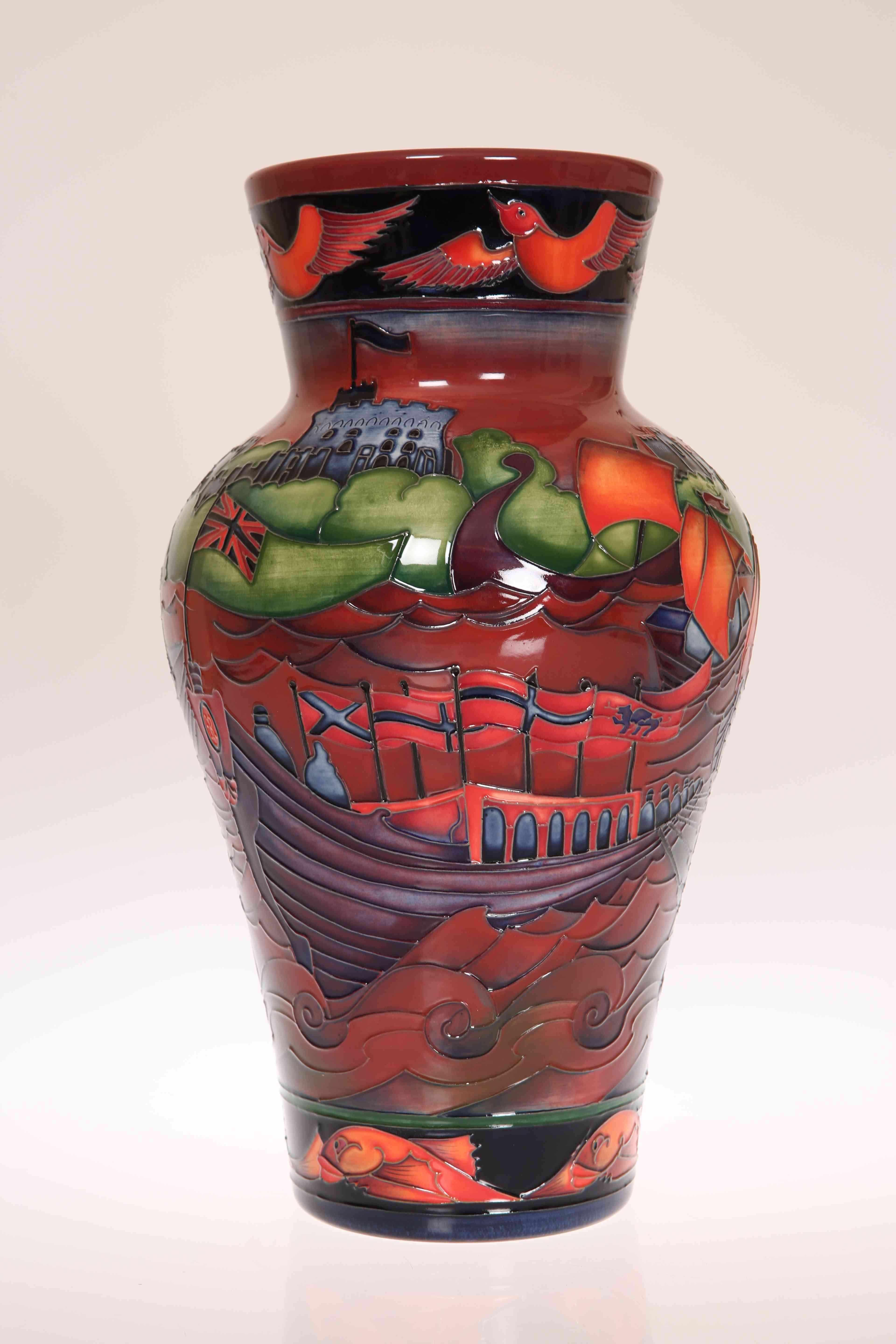 A RARE MOORCROFT "FLAMBE GLORIANA" VASE, first quality, retains original price label of £2,720.