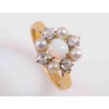 AN OPAL, DIAMOND AND SEED PEARL RING,