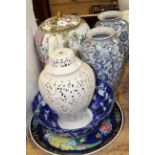 Large Chinese blue and white bowl and polychrome plaque, pair and one vase,