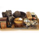 Tray lot with treen, elephant bookends, sauce boat, salts, boxes,