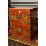Chinese red lacquered four door table cabinet