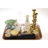 Tray lot with brass candlesticks, fan, Coalport figure, Belleek,