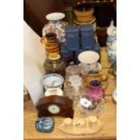 Small inlaid clock, glassware, vases,