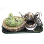 Lingard novelty teapot, Victorian plated three-piece tea service,