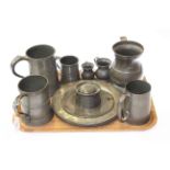 Collection of 18th Century and later pewter including capstan inkwell,