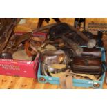 Large quantity of shooting accessories in three boxes, including leather cartridge bags,