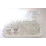 Pair of 19th Century wine glasses, six brandy tumblers, vase,