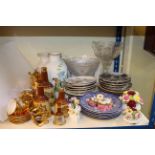 Collectors plates, two glass centre pieces, two vases, china posies, Bells whisky decanters,