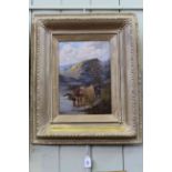 Henry Calvert, Highland Cattle drinking at a Loch, signed lower left, oil on canvas, framed,