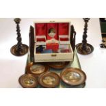 Five Pratt Ware pot lids, pair of barley twist candlesticks, carved wood bookstand,