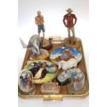 Three John Wayne figures and two plates, Lilliput Lane 'Old School House',