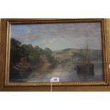 19th Century School, Boats Offshore, unsigned, oil on canvas, framed, 34cm by 51.