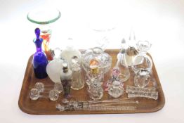 Collection of scent bottles, silver topped glass sugar and cream, vases,