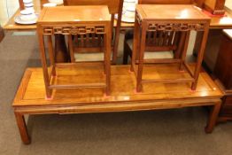 Oriental rectangular hardwood low table and pair similar side tables