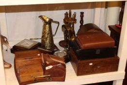 Oak mantel clock, oak barometer, pair of oak twist candlesticks, wooden boxes and tray, binoculars,