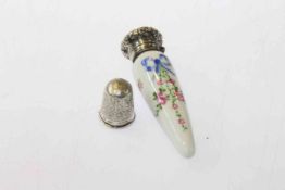 Charles Horner silver thimble and a porcelain scent flask (2)