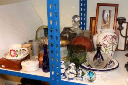 Portmeirion and Doulton vases, glass decanter, pictures, brass vase, copper measure and oil can,