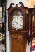 Antique oak and mahogany 30 hour longcase clock having arched dial painted with buildings and