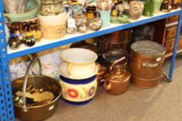 Copper kettles, planter, pan, urns, brass jam pan and brassware, chamber pot,