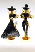 Pair Italian art glass figures of lady and gent in extravagant costume