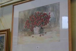 Patricia Rhodes, Little Red Roses in a Wedgwood vase, watercolour, signed lower right, 37cm by 54.