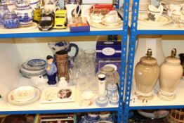 Pair of Denby pottery table lamps and shades, Royal Doulton and other glass, various china plates,