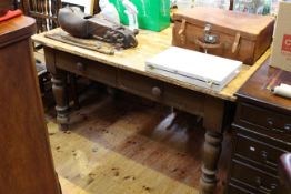 Victorian pine two drawer kitchen table on turned legs