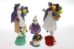 Six Royal Doulton figurines including Biddy Penny Farthing and Balloon Lady