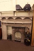 Cast iron fireplace, painted fire surround, two pairs of fire dogs, two coal boxes, fire irons,