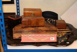 Large papier mache tray, various wood boxes, letter rack,