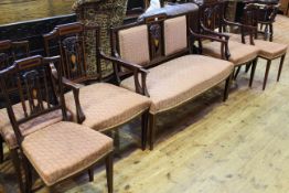 Edwardian mahogany and satinwood inlaid seven piece parlour suite comprising open arm settee,